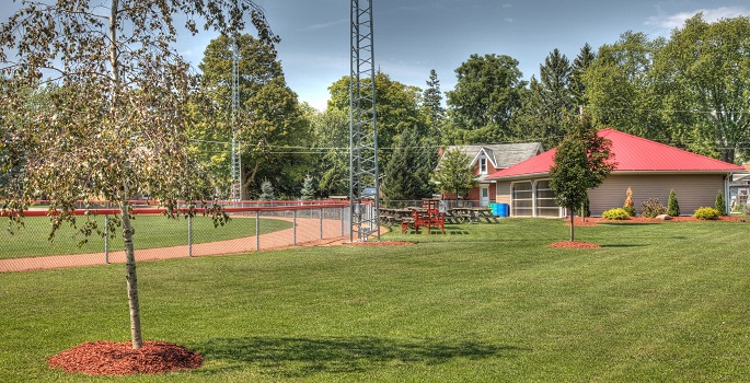 Picture of Brussels park with baseball diamond and pavillion 