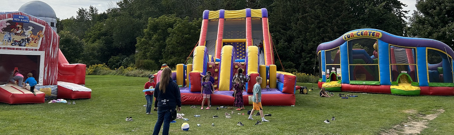 A picture of children on bouncy castles at the Brussels Agricultural Fair.