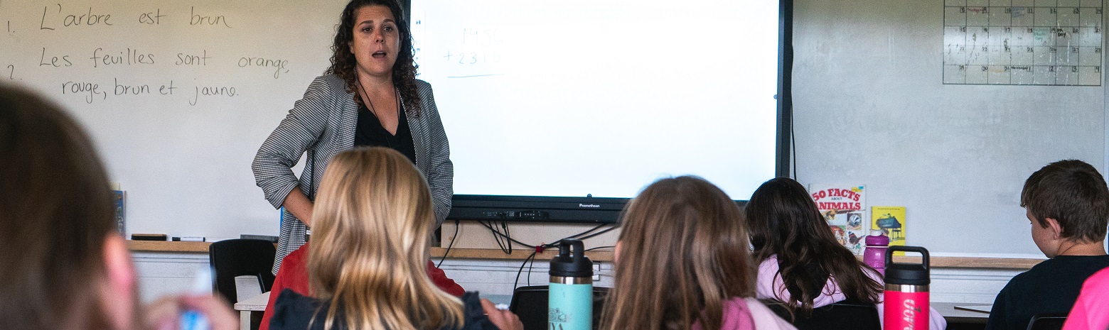 A photo of a teacher standing in front of a class.