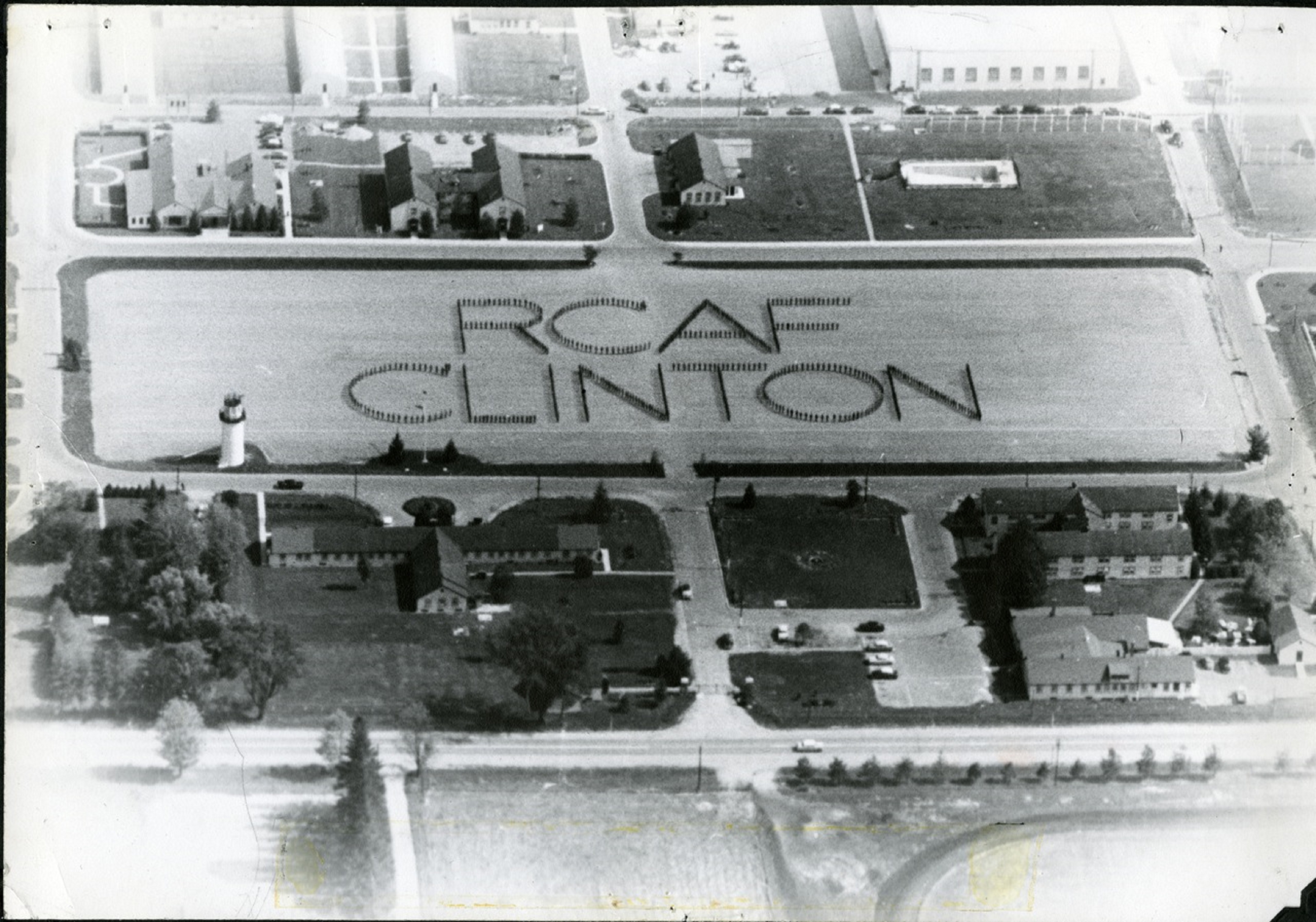 An aerial photo of people standing in a field to spell out "RCAF Clinton" at the former Royal Canadian Air Force Base.