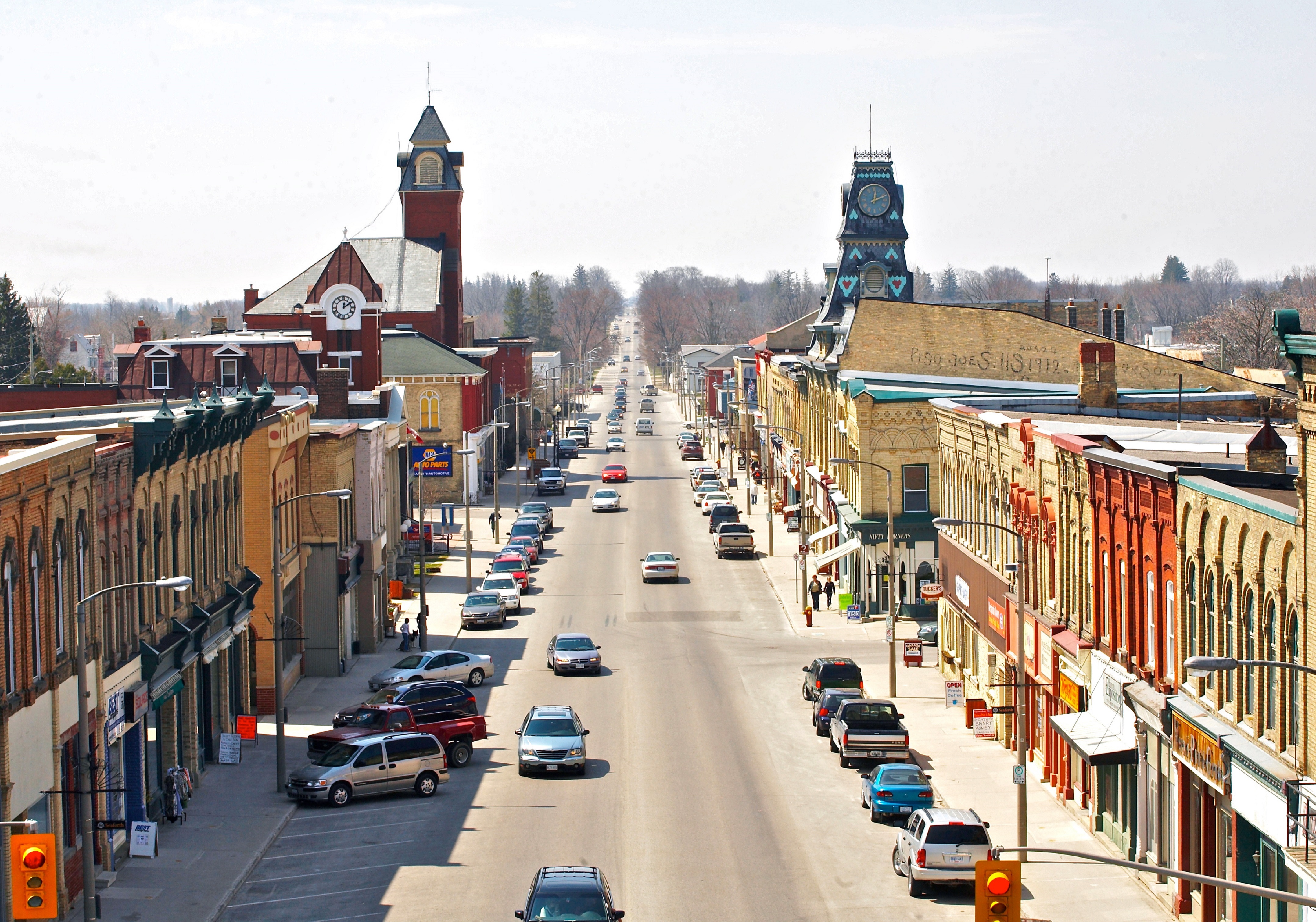 A drone image of downtown Seaforth showing the historic buildings along Main Street S.