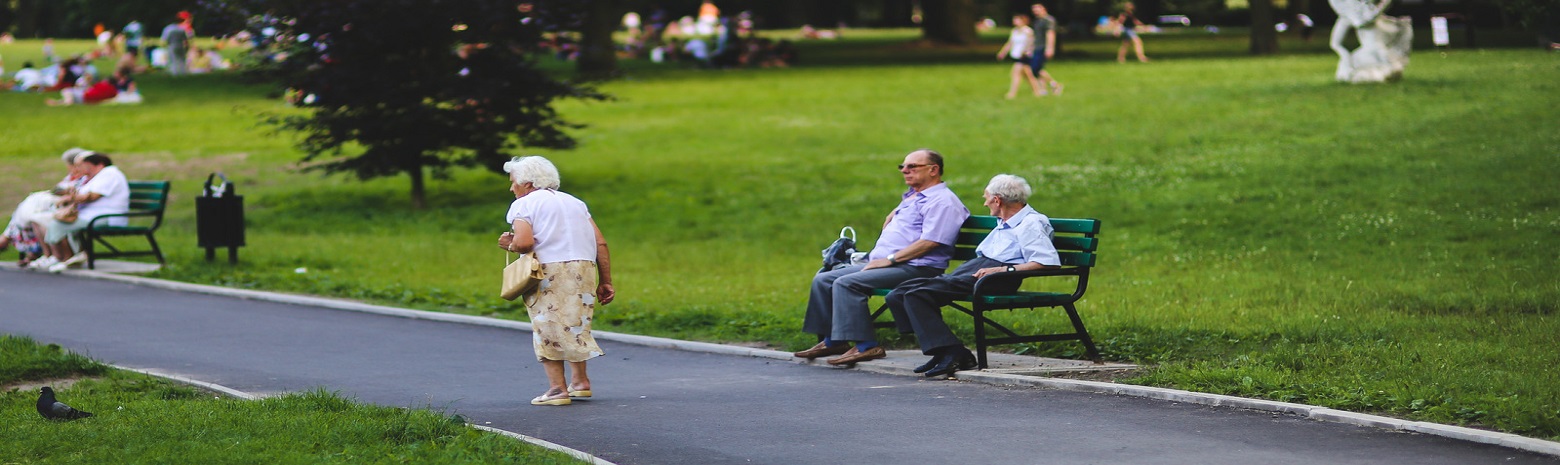 Seniors sitting on a bench and walking in park