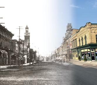 A picture of downtown Seaforth in the late 1800s and the present day. 