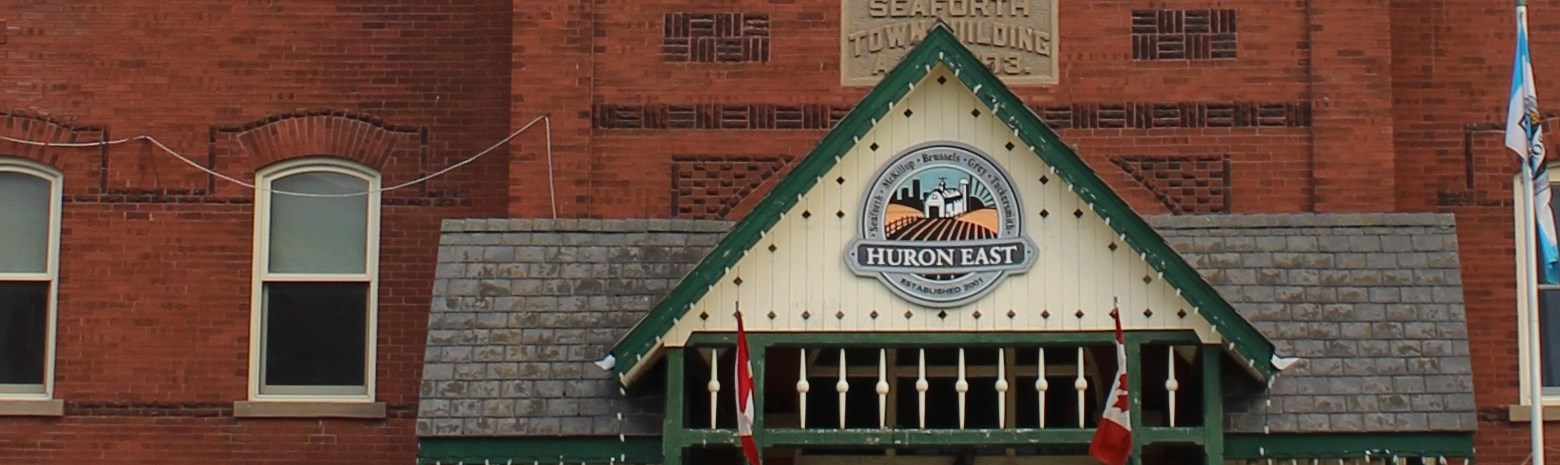 Up close shot of Huron East Crest on front of Town Hall building in Seaforth 