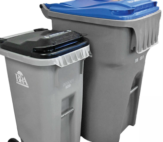 A grey Wheelie bin with a black lid beside a Grey wheelie bin with blue lid