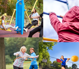 Collage of outdoor fitness and play equipment with various aged users