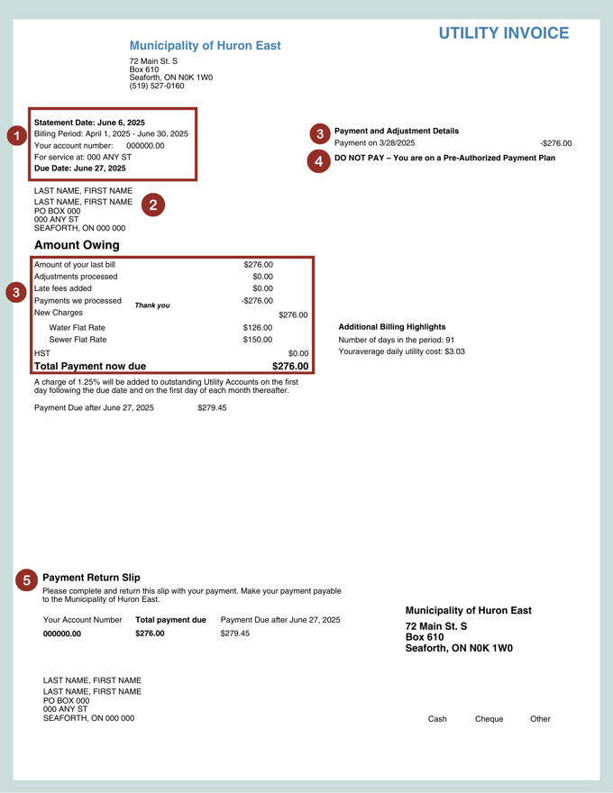 Example of utility bill with labels