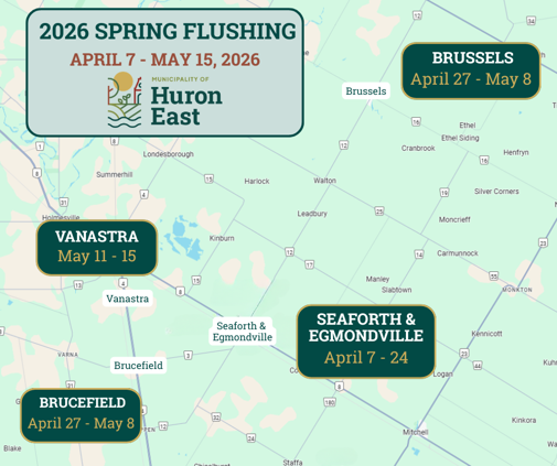 Map of Spring flushing locations and dates in Huron East