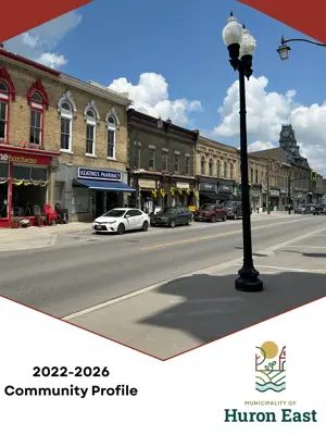 [The cover of the Huron East Community Profile showing downtown Seaforth."